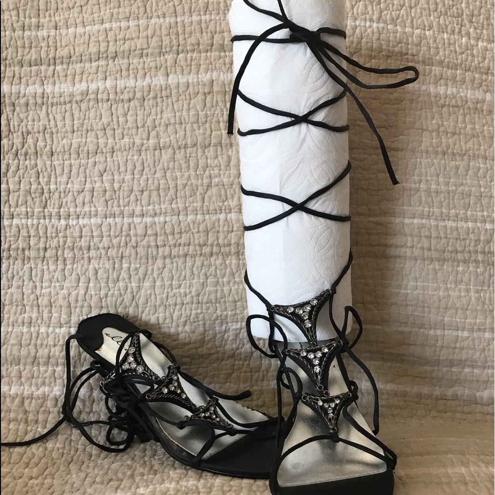 Strappy 5” heels, rhinestones.